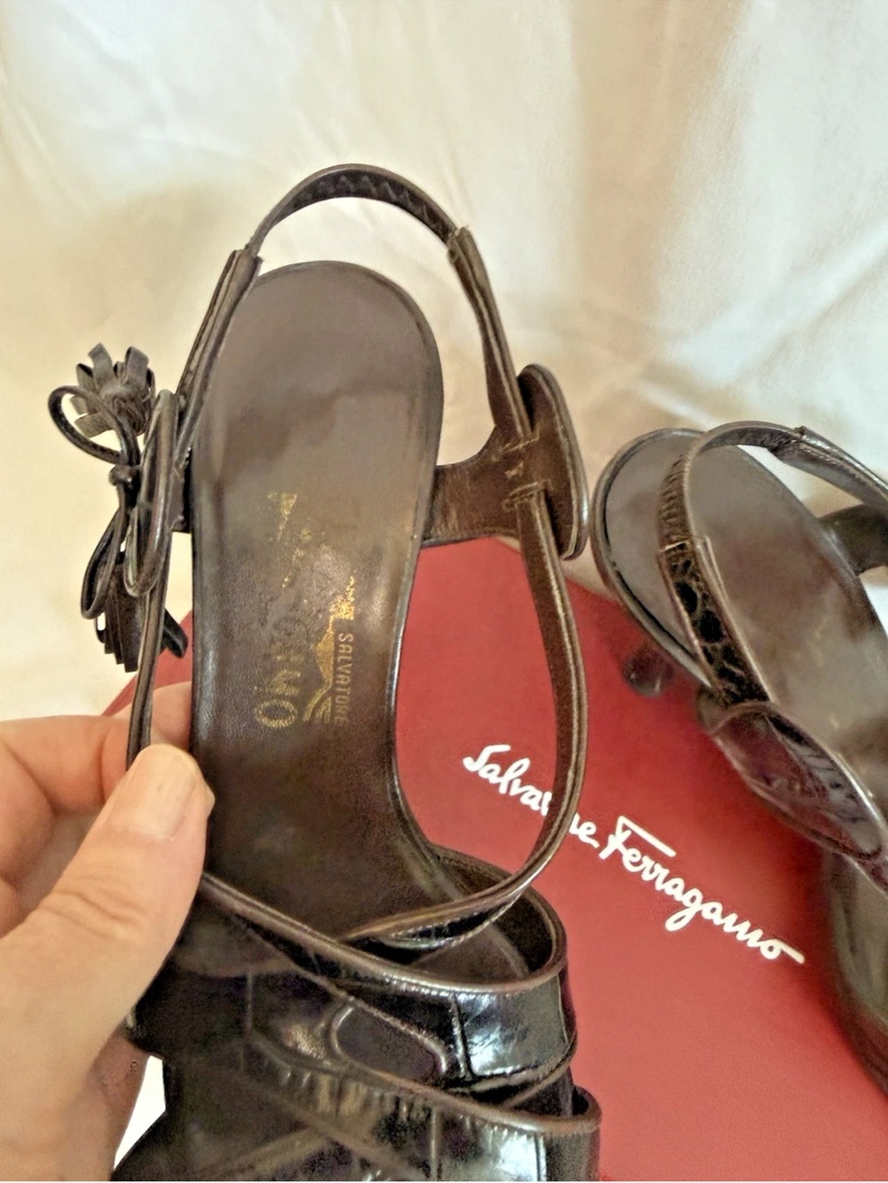 Salvatore Ferragamo Brown Embossed Leather Sandal Heels - Size 9 B - Picture 5 of 8
